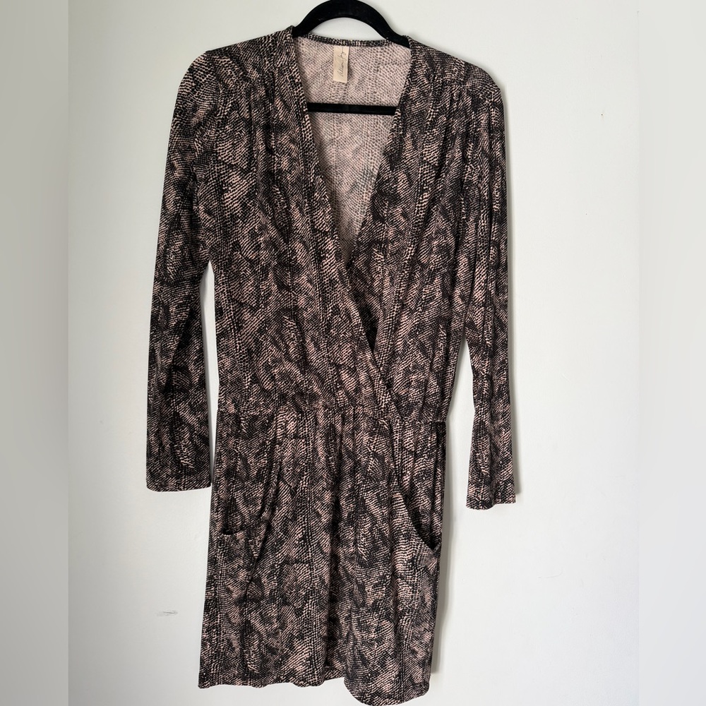 Allison Joy Snake Print Faux Wrap Dress Ruched Waist Stretch Size M Pockets